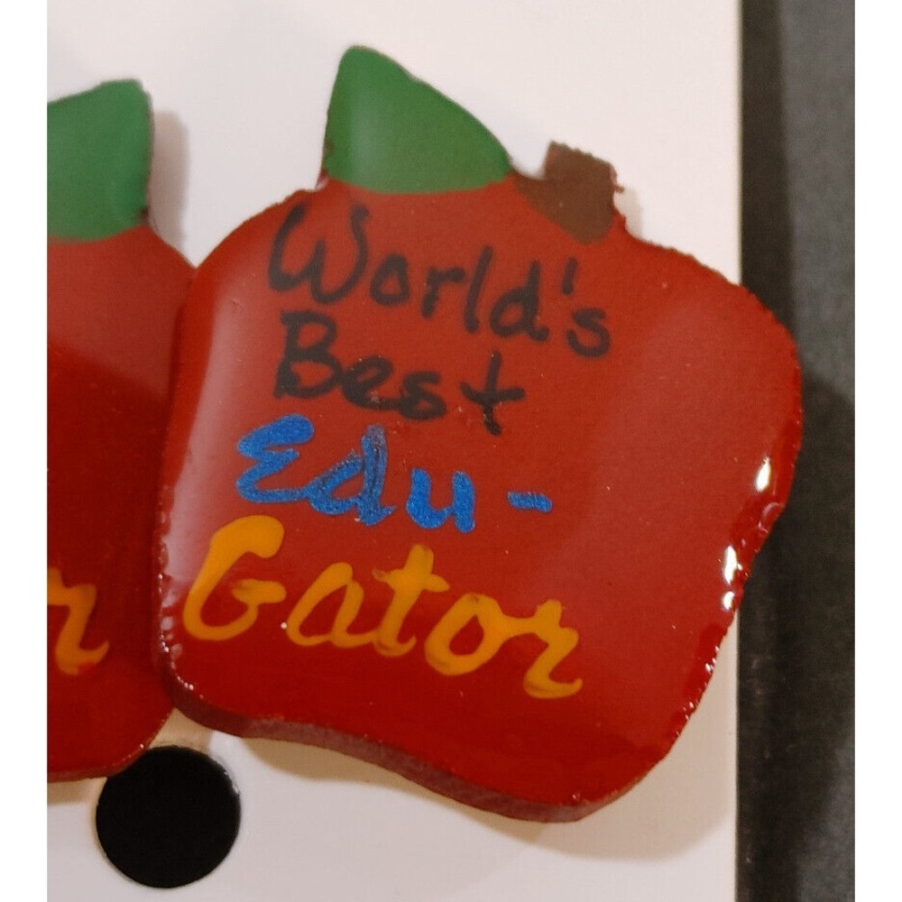 Worlds Best Red Apple Teacher Education Gator Earrings Pierced School Jewelry - Picture 2 of 4